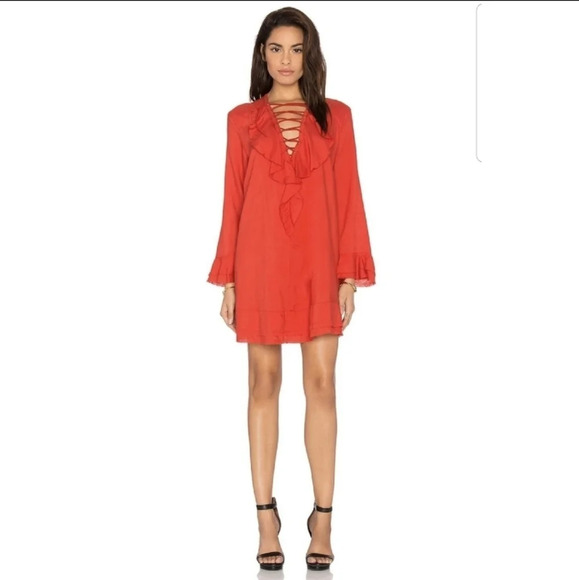 IRO Florine Poppy Red Lace Up Ruffled Shift Mini Dress Raw Hem Long Bell Sleeves - Picture 1 of 14